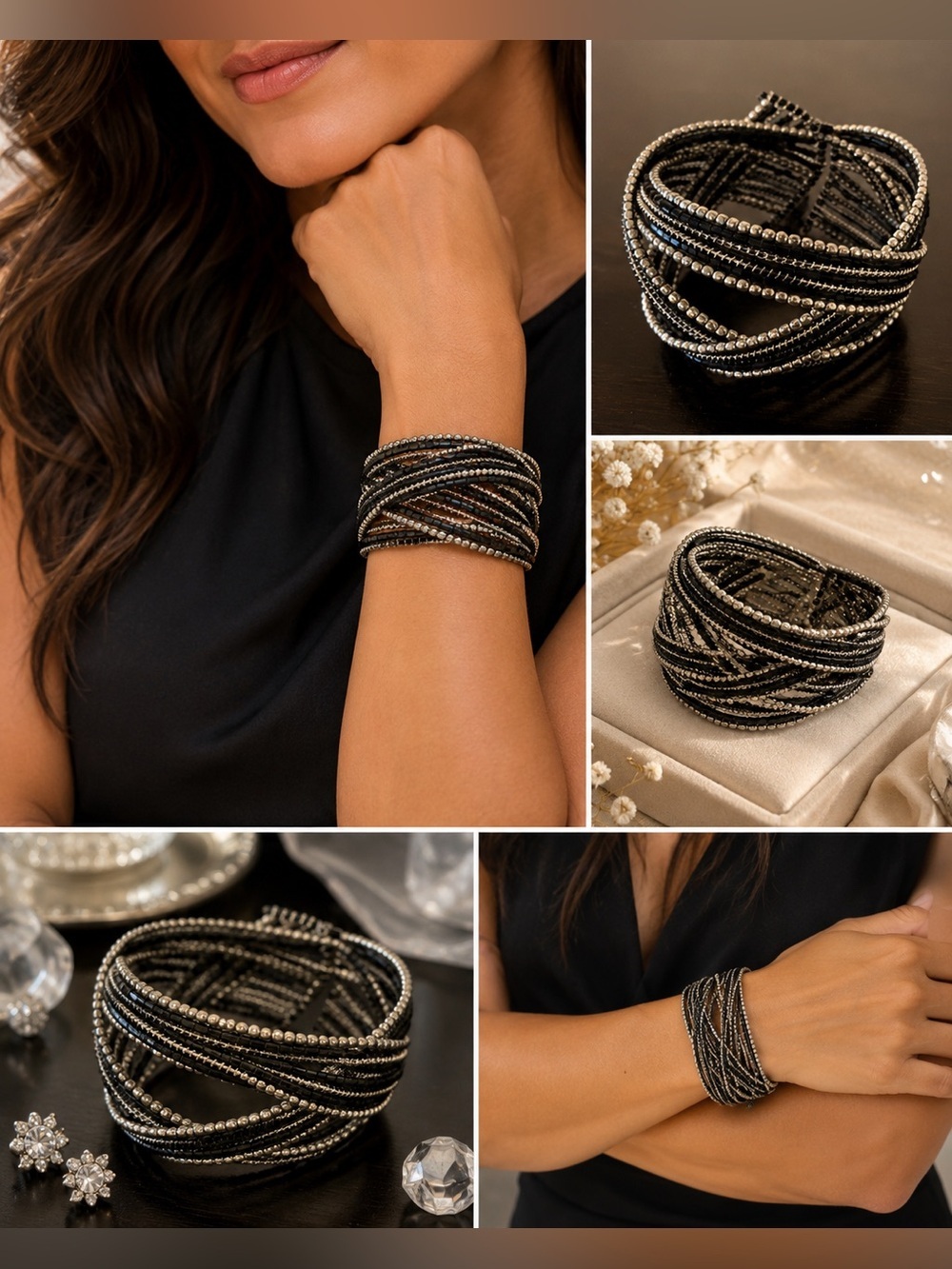 Silver & Black Beaded Statement Bracelet | Adjustable Boho Chic Fashion